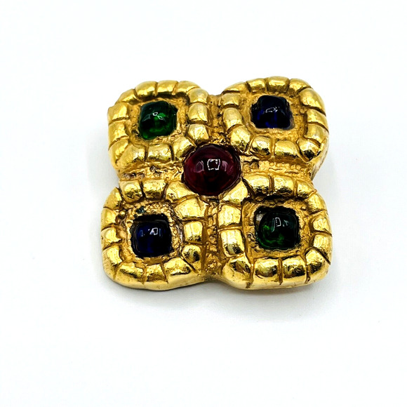 Vintage Gold Tone Statement Brooch Jewel Tones Green Blue Red Made in Italy - Picture 3 of 6